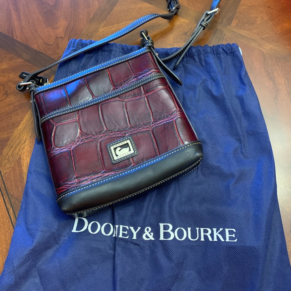 Dooney & Bourke Burgundy and Black Leather Croc Embossed Bag with storage bag.